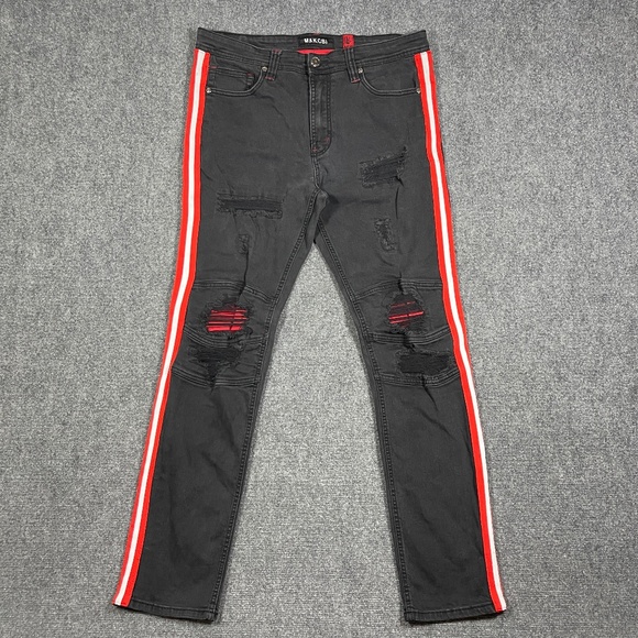 M1769 MAKOBI CAMEO DENIM JEANS - BLACK/RED Distressed Size 38x34 0572 - Picture 1 of 12